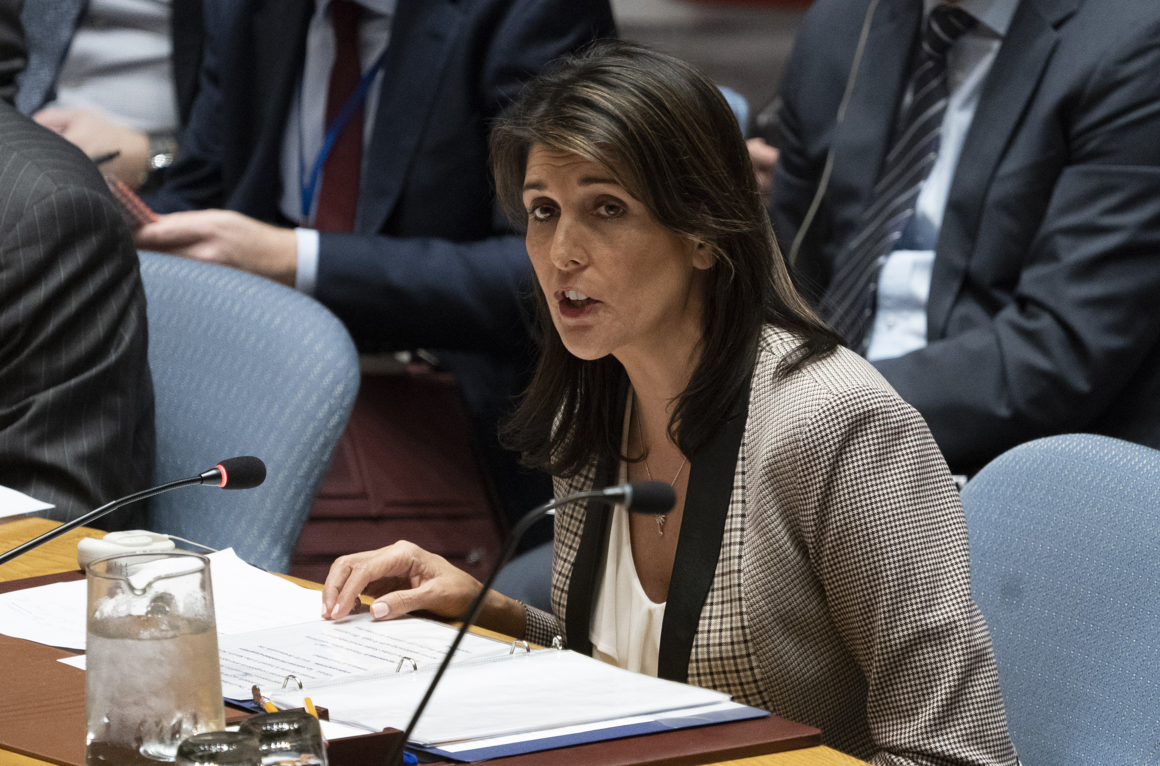 US Ambassador to the UN Nikki Haley addresses the UNSC during a United Nations Security Council meeting on Ukraine November 26, 2018 at the United Nations in New York. - The United States on Monday warned Russia that "outlaw actions" like the seizure of Ukrainian ships in the Sea of Azov are preventing normal relations from developing between Washington and Moscow. US Ambassador Nikki Haley told the UN Security Council that "the United States would welcome a normal relationship with Russia. But outlaw actions like this one continue to make that impossible." (Photo by DON EMMERT/AFP/Getty Images)