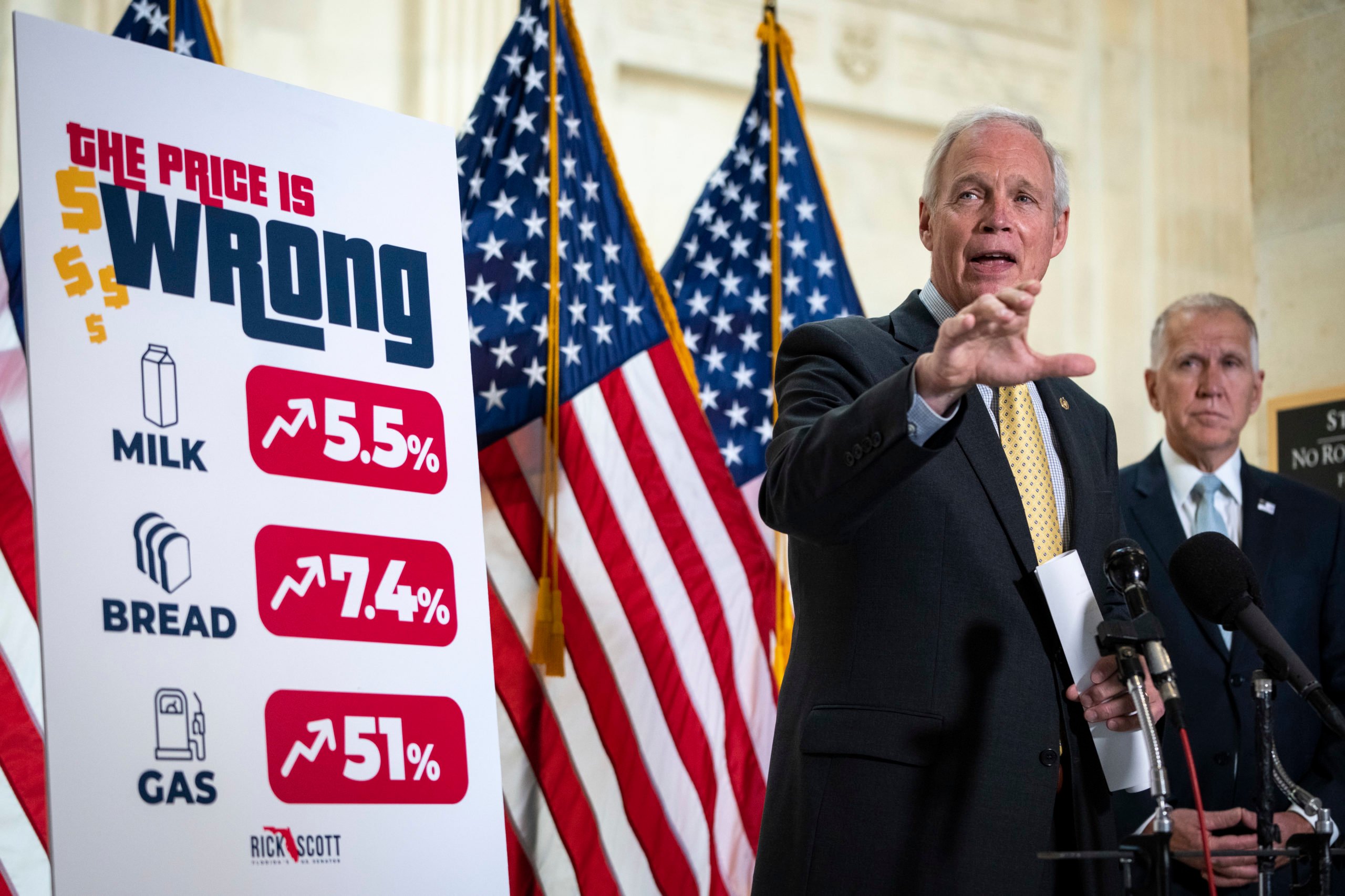 Republican Wisconsin Sen. Ron Johnson speaks during a news conference about inflation on May 26. (Drew Angerer/Getty Images)